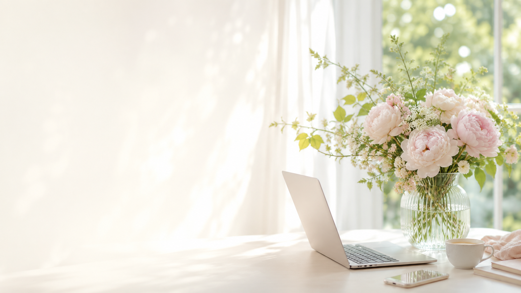 窓辺の光が差し込むデスクで、淡いピンクの花とノートPCが並ぶ作業風景